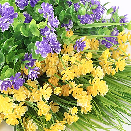 Cewor 9Pcs Artificial Flowers, Uv Resistant Faux Outdoor Flowers, Fake Plastic Flowers For Decoration Home Kitchen Bedroom Wedding Party Decor (Yellow, Purple, Green) #TOP3