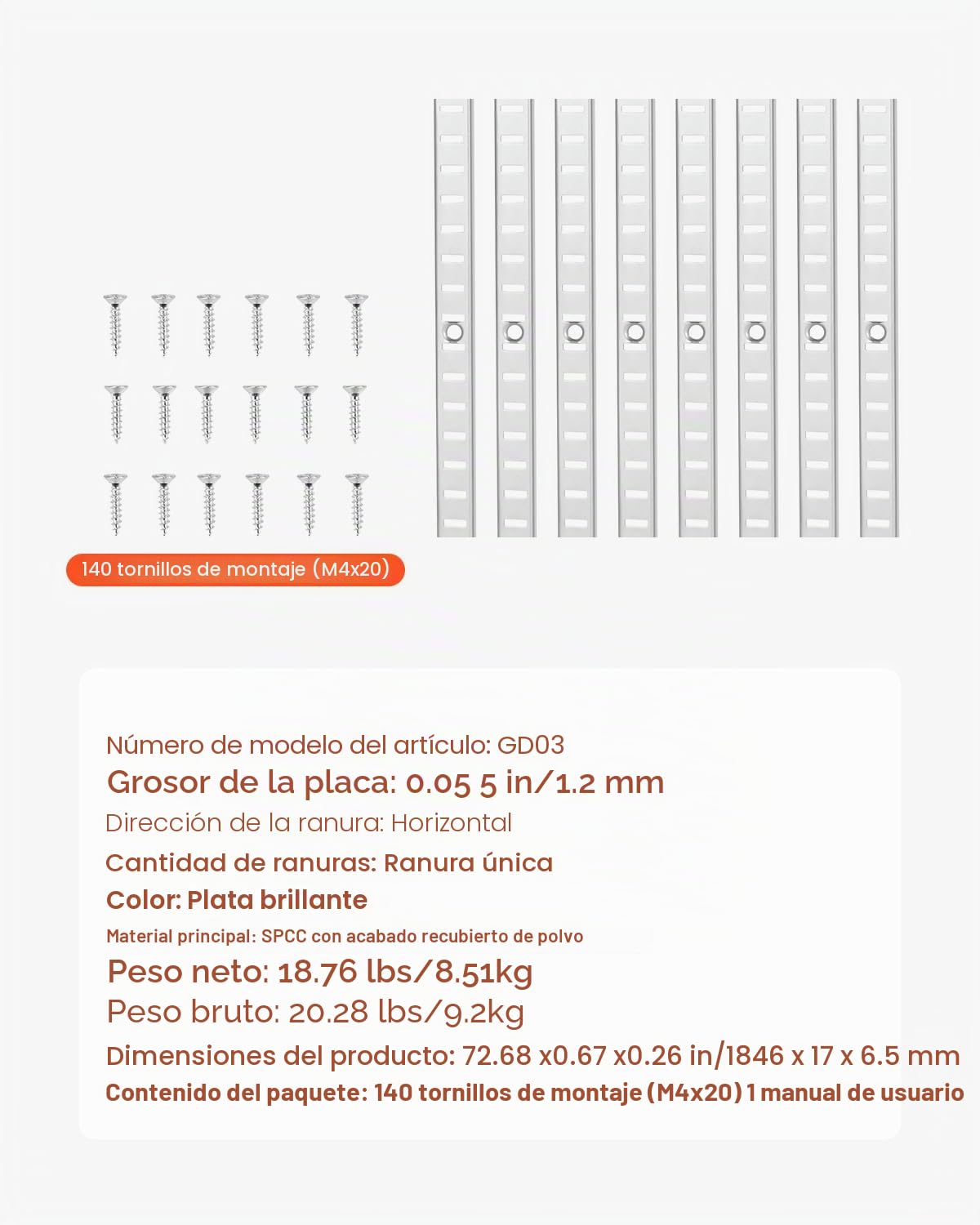 VEVOR 20 PCS Riel Horizontal para Estante de 1846 x 17 x 6,5 mm, Soportes Ajustables de Acero Inoxidable con 140 Tornillos Ideales para Estanterías de Pared, Armarios y Organización, Plata