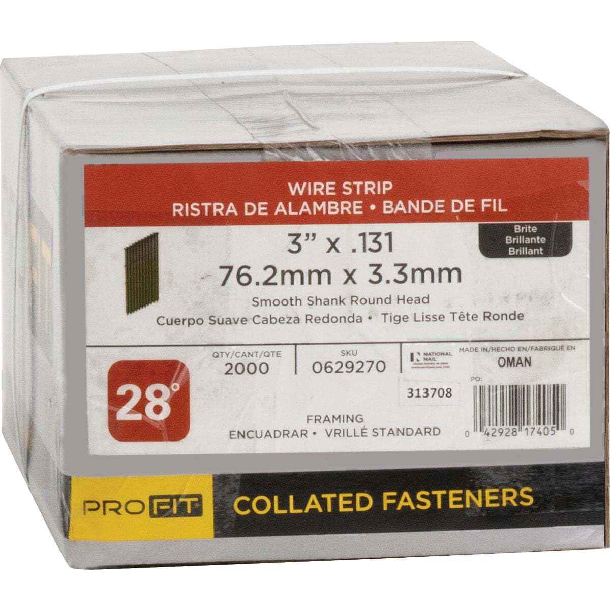 Pro-Fit 0629270 3 In. x 0.131 In. 28 Degree Wire Strip Smooth Shank Round Head Brite Framing Stick Nails (2000 Ct.)