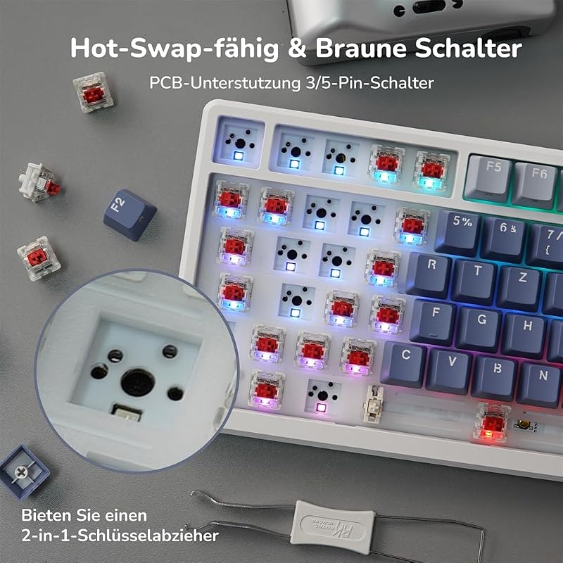 RK ROYAL KLUDGE M75 Vezeték Nélküli Mechanikus Gamer Billentyűzet, 75% TKL, RGB, QWERTZ, OLED Kijelzővel, Hot-Swap Red Switch, Levendula Lil