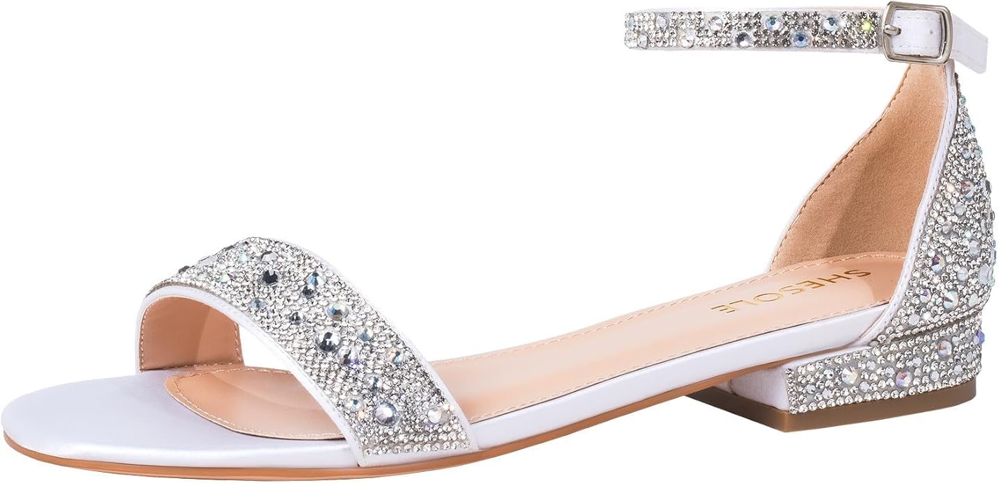 SheSole Women's Rhinestone Low Block Heel Sandals Sparkly Ankle Strap Sandal Bridal Wedding Dress Shoes Silver Gold White