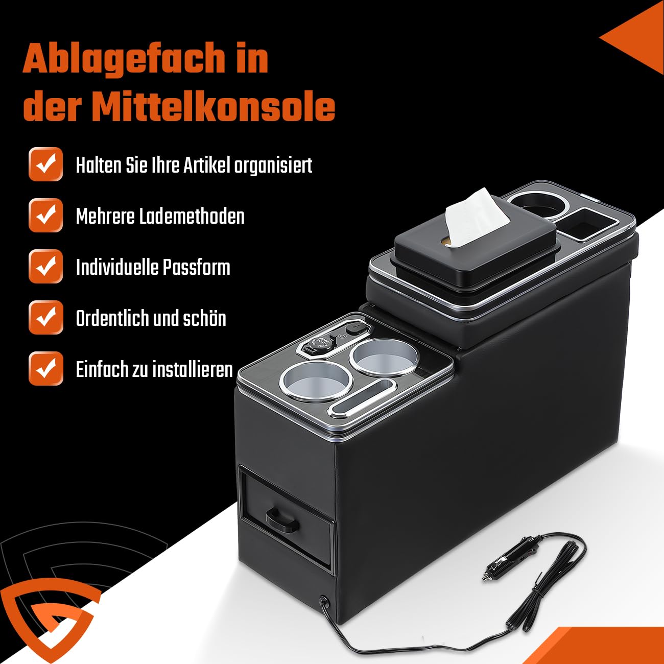 GEARMONSTER Mittelkonsole mit USB Aufladestation und Getränkehalter für VW T4 T5 T6 T6.1 T7 | 7-farbige Ambientebeleuchtung, Schwarzes Kunstleder mit Chrom-Zierleisten, Zigarettenanzünder, Praktischer Taschentuchhalter
