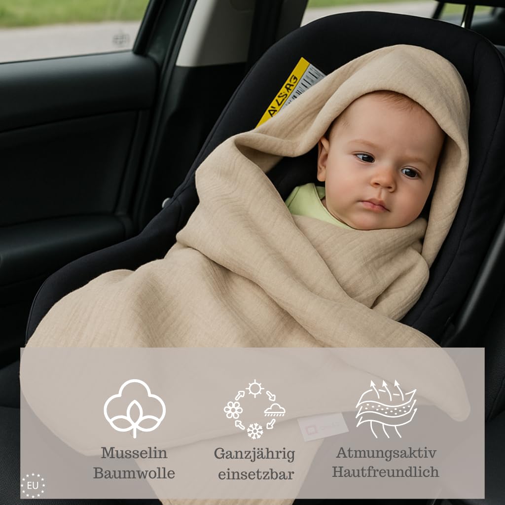Babylux Musselin Einschlagdecke mit Kapuze – 90x90 cm – Sommer Babydecke für Autositz & Babyschale – 100% Baumwolle – Atmungsaktiv & Leicht (Beige)