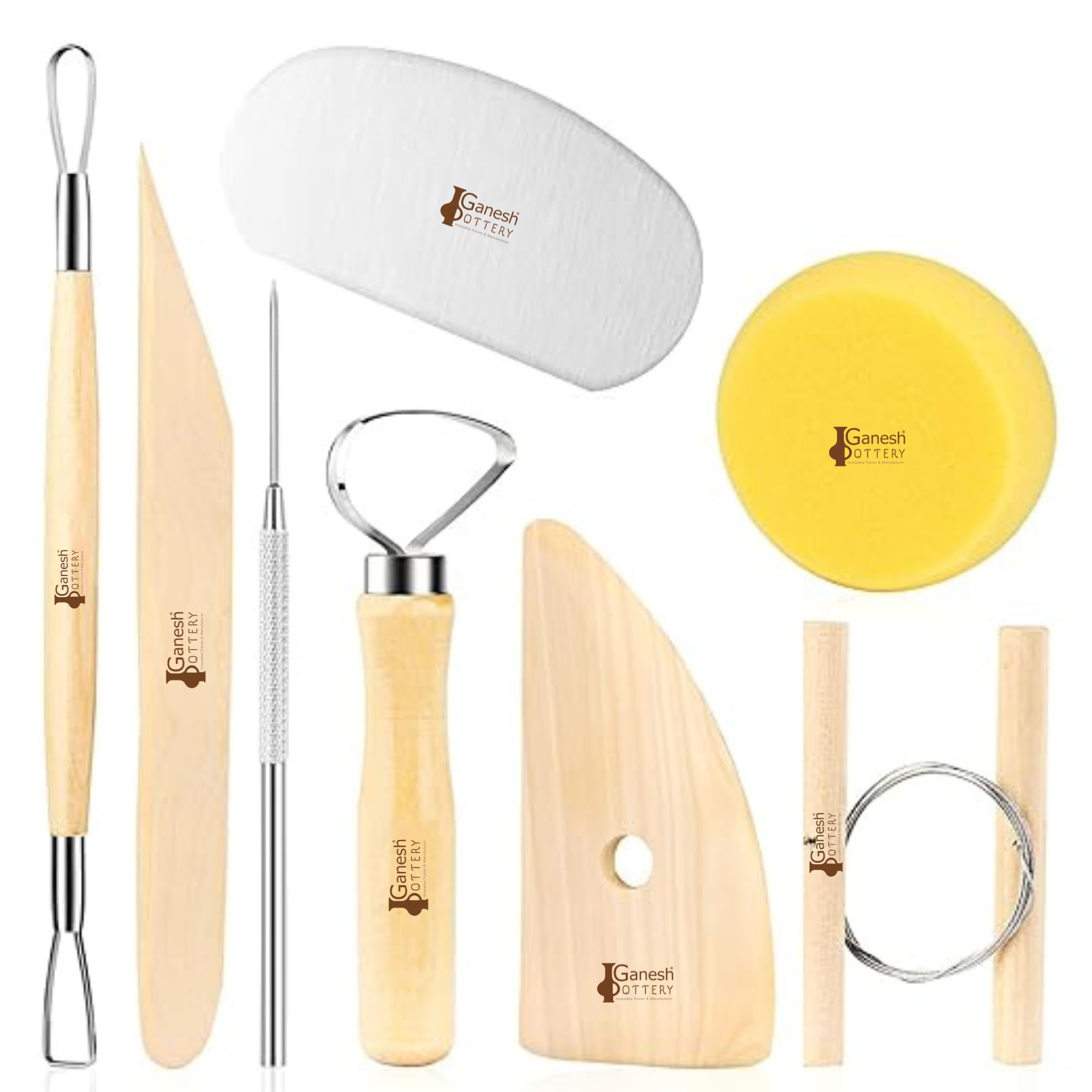 8 Pcs Wooden Pottery Tool Kit for Sculpting Clay Cleaning Includes Sponge Clay Cutting Modeling Trimming Tools for Beginner Level Pottery Smoothing Cleaning Carving Shaping Sculpting-image-1