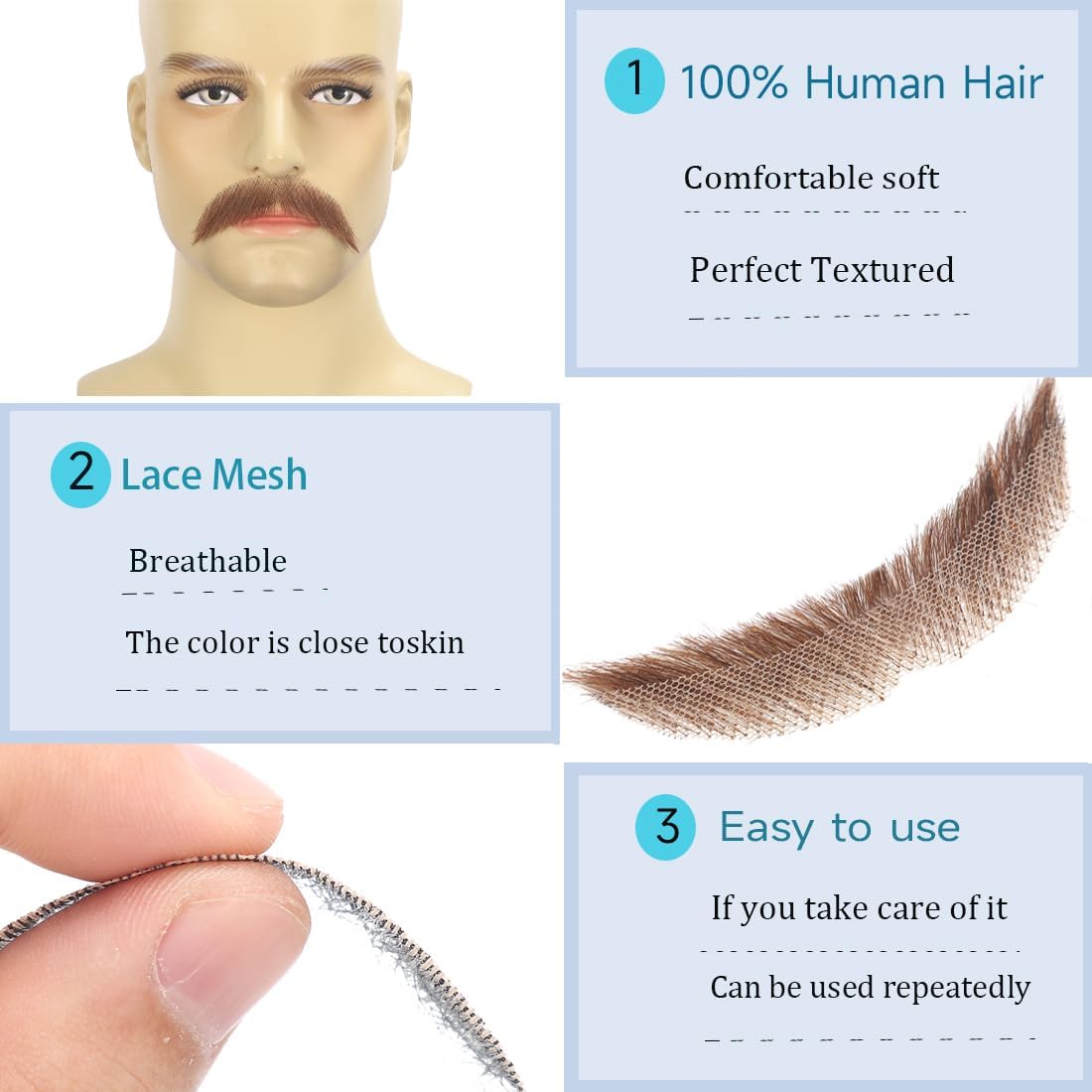 Real Human Hair Fake Mustache and Beard with Invisible Lace for Cosplay | Invisible lace base with hand-tied human hair for a realistic look and comfortable fit