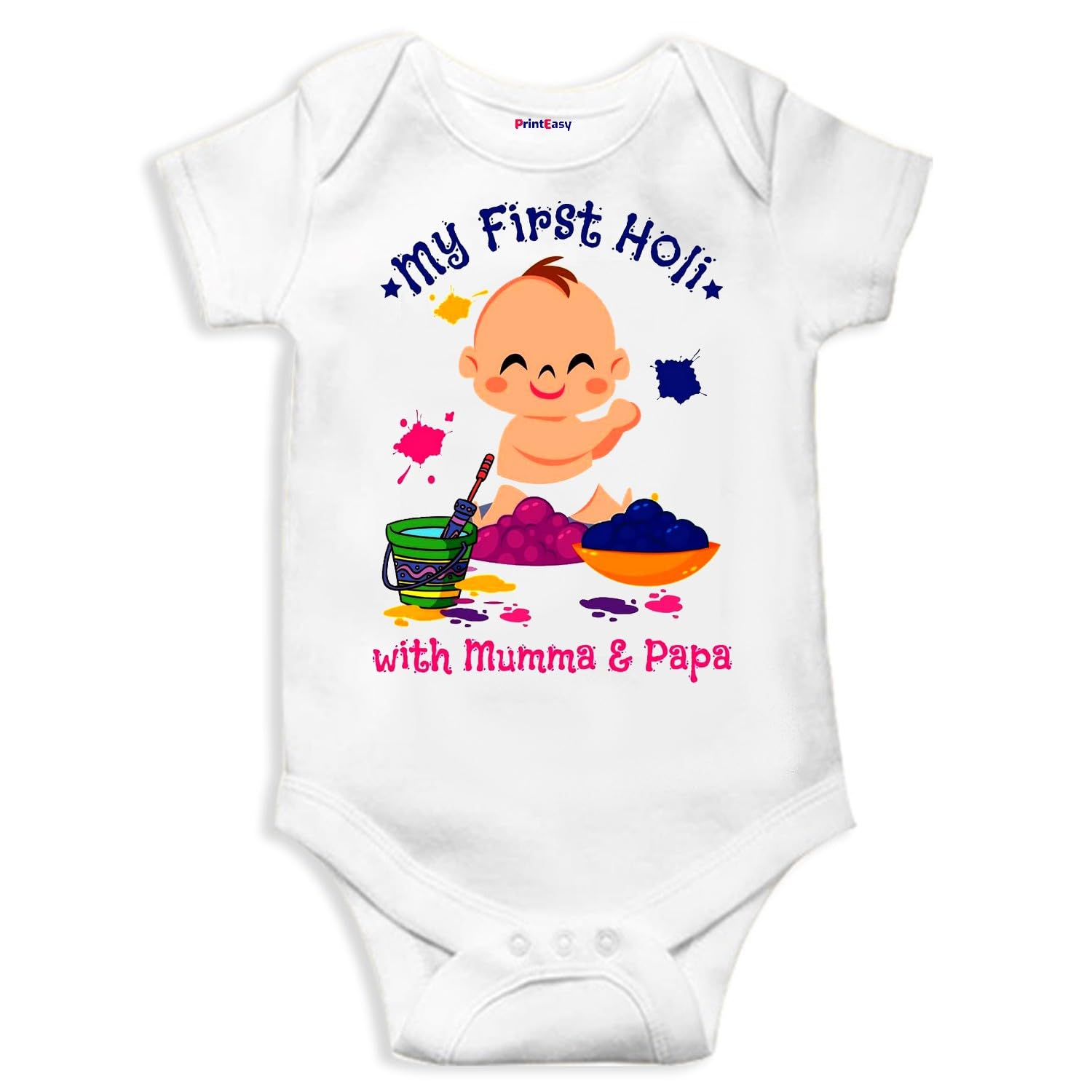 PrintEasyMy First Holi With Mumma & Papa Printed White Romper for Baby | 04