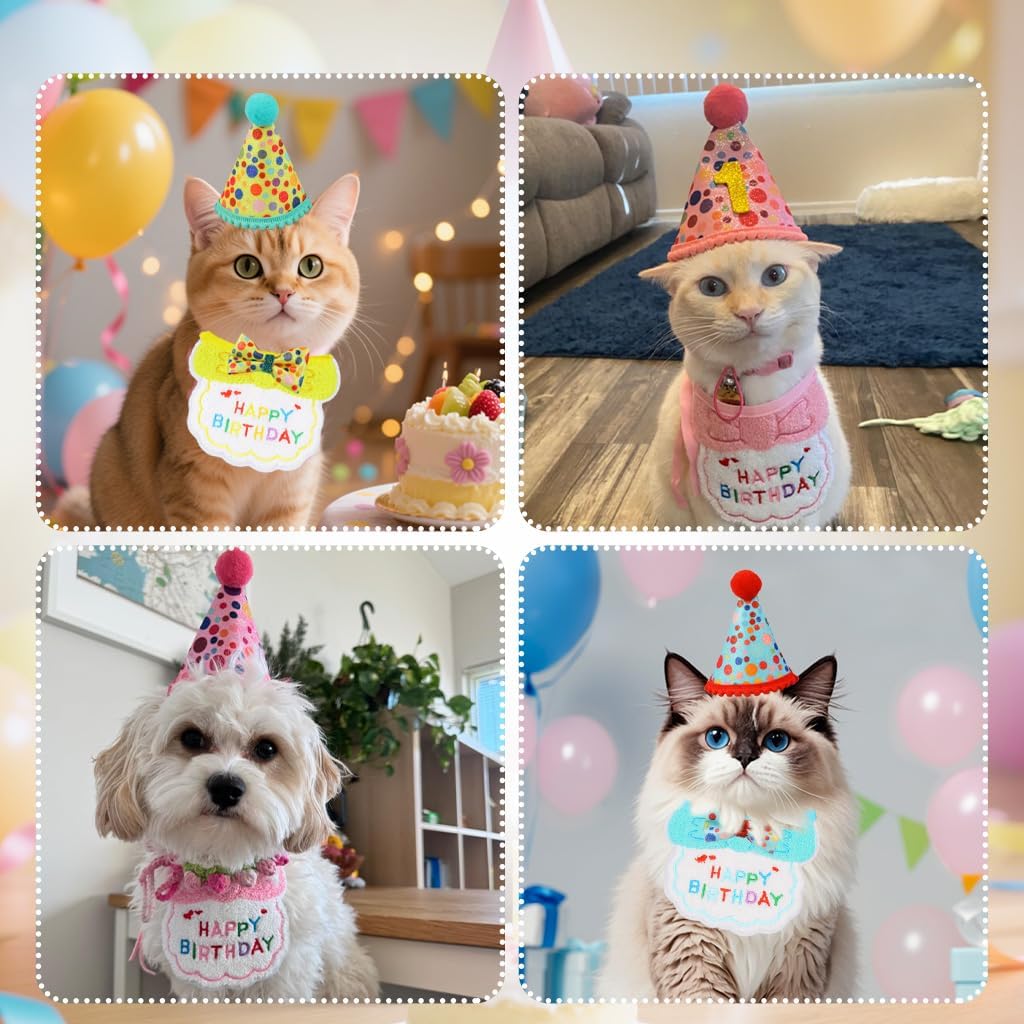 Cat Birthday Party Supplies, Girl Boy Cat Kitten Birthday Bandana Hat Numbers Decorations Outfits Set, Pink