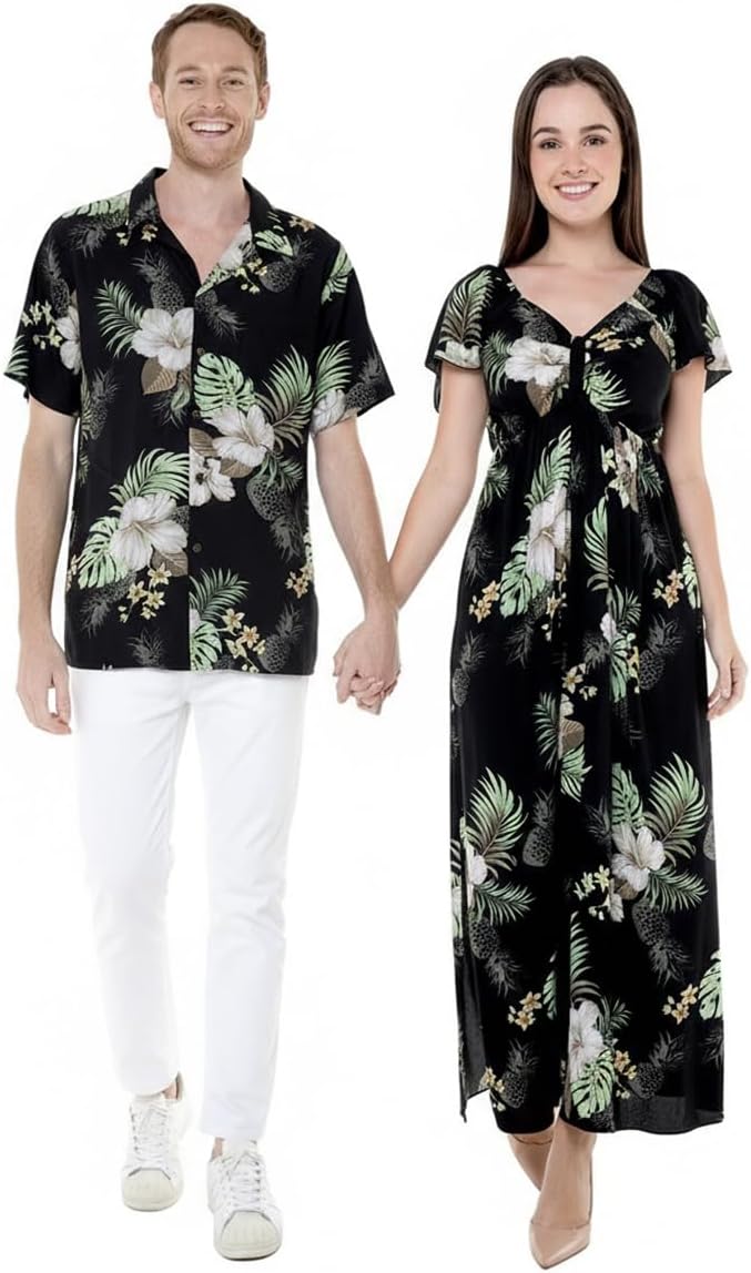 Matchable Couple Hawaiian Luau Shirt or Rahee Maxi Dress in Pineapple Garden Black