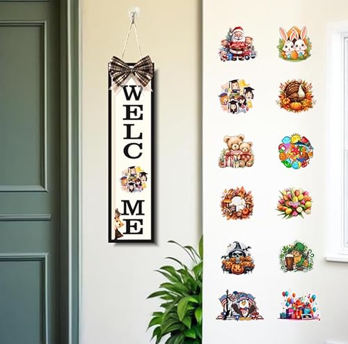 Seasonal Welcome Sign with 12 Interchangeable Holiday Icons, White Wooden