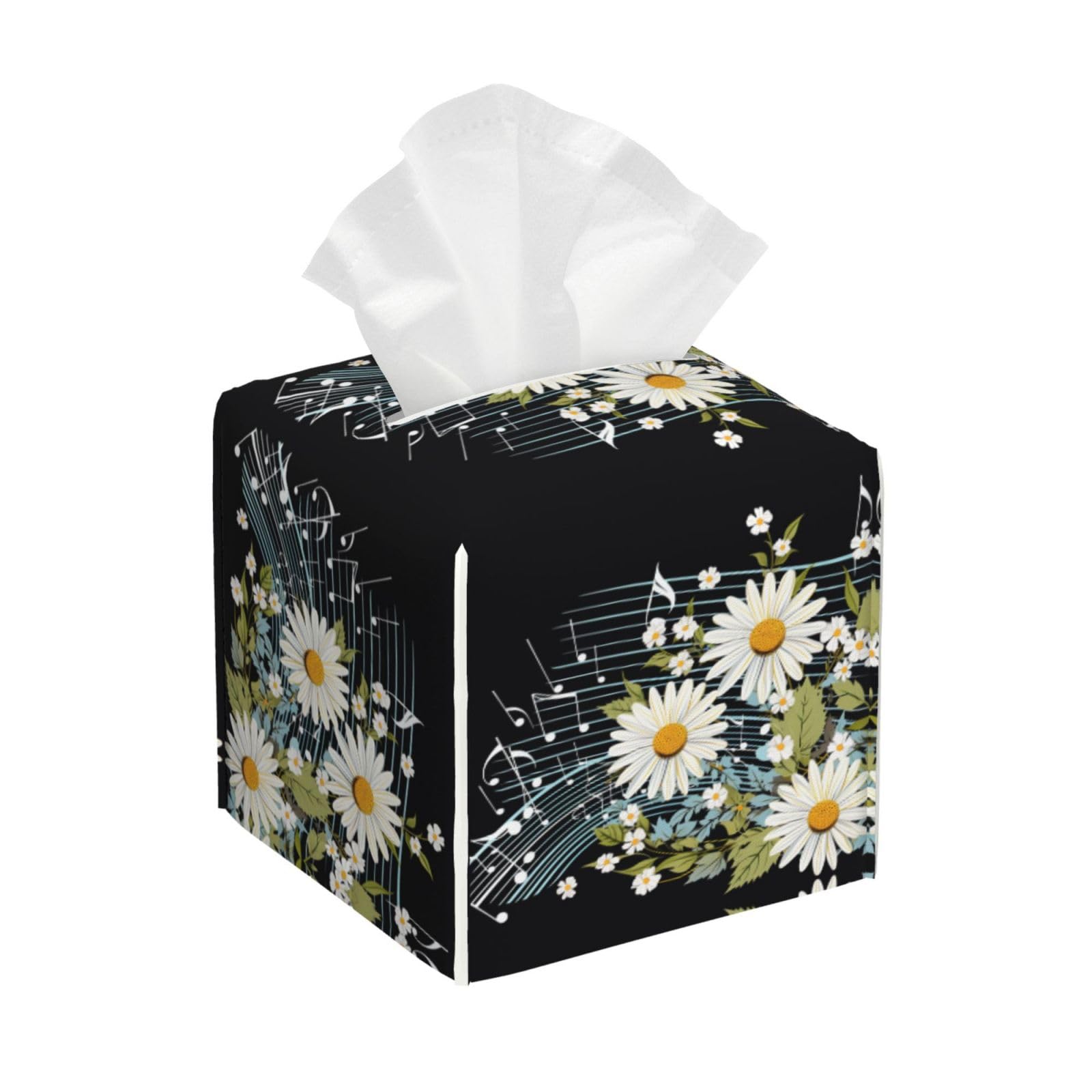 Mexpekil Square Tissue Box Cover Abstract Music Notes Daisy Flower Pu Leather Tissue Box Cover Cube Tissue Box Holder For Bathroom Car Napkins Facial Tissue Dispenser Cover