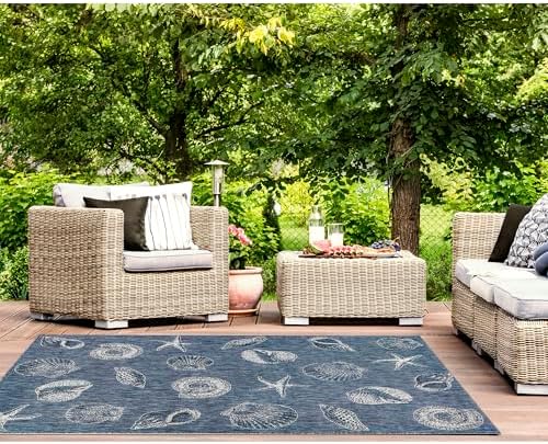 Liora Manne CARMEL Indoor/Outdoor Power Loomed Synthetic Blend Low Profile Area Rug - Transitional Coastal Seashell Decorative (Shells Navy) (4'10" x 7'6")