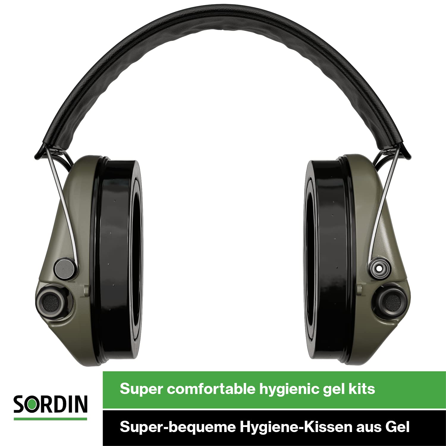 Sordin Pro-X LED Protezioni acustiche a capsula 75302-X/L-07-S - EN 352 - Cuscino in gel, Cinturino in pelle & capsule verdi