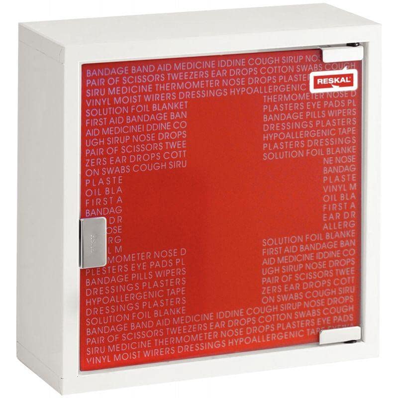 Farmor Armoire à Pharmacie 1 Porte en métal laqué Blanche, Porte Rouge en Verre trempé 300 x 300 x 120 mm