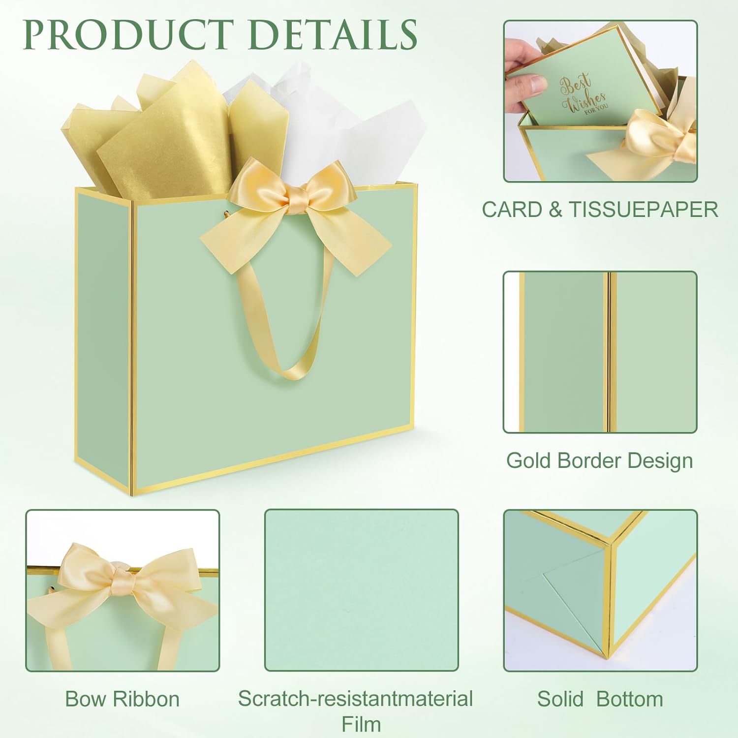 Ethhqu 5 Pack Elegant Large Gift Bags with Handles, 12.6x10x4 Inches - Includes Tissue Paper & Cards for Birthday, Baby Shower, Wedding, Anniversary, Christmas & Holiday Gifts (5Pcs Sage Green with Gold Rim) - Image 3