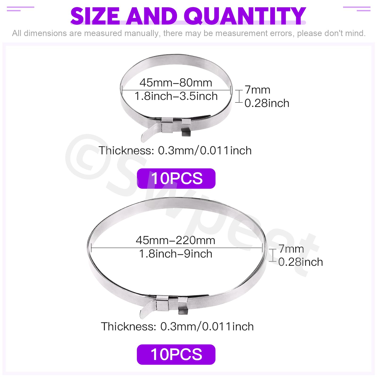 Swpeet 10Set Stainless Steel CV Boot Clamps Kit, 10Pcs Small & 10Pcs Large Crimp Bands, 1.8", 3.5", 1.8" - Image 2