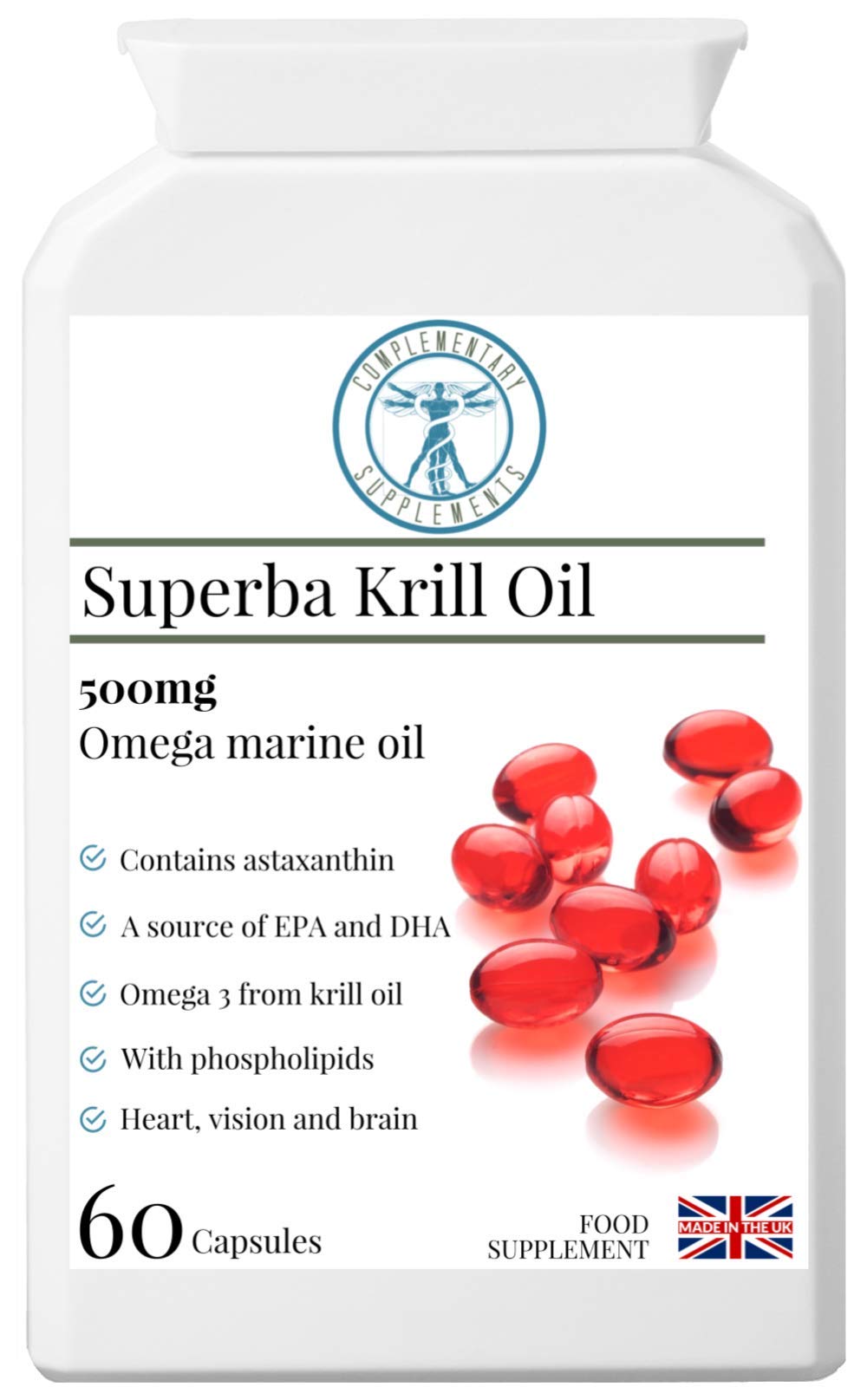Antarctic Superba Krill Oil – High Strength - Heart Health & Brain Support - NO Fishy Taste - Omega 3 DHA, EPA, Phospholipids + Astaxanthin - 60 Capsules