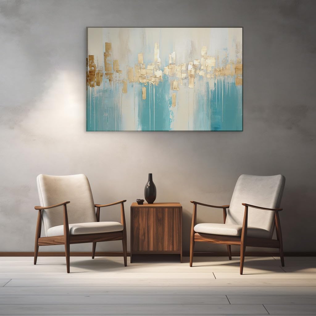Canvas for Living room. City of Dreams: An Abstract Interplay of Blue Hues and Golden Ambitions, 27 x 18 inch Canvas Wall Art - Ready to Hang - 69x46 cm (27x18 inch)