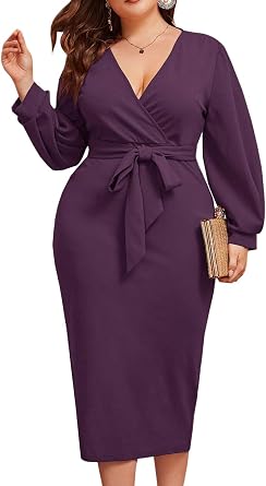 Womens Plus Size Long Sleeve Dress V-Neck Lone Lantern Sleeve Midi Belted Bodycon Pencil Dress with Back Zipper