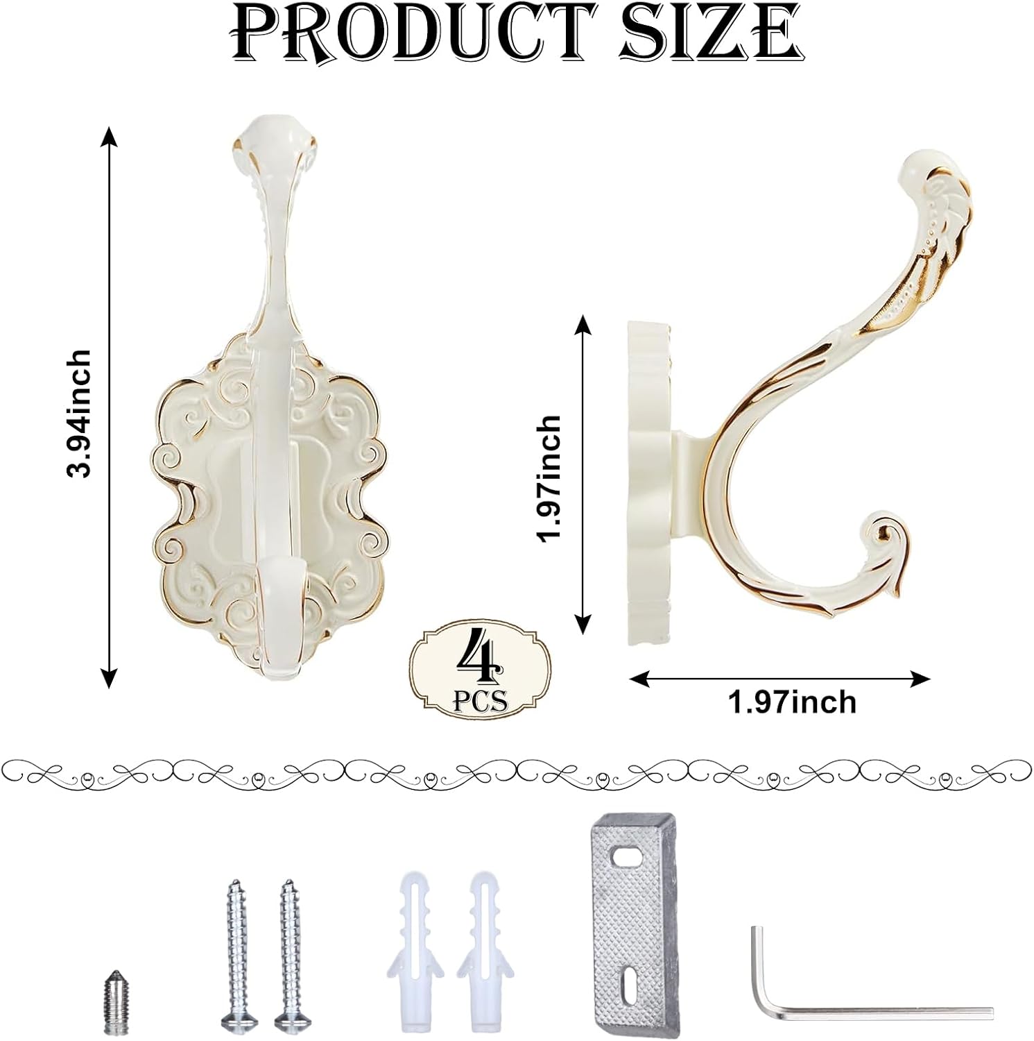 4 Pcs White Coat Hooks Wall Mount, Matte Metal Hat Hooks for Entryway, Cubicle, Mudroom, Bathroom, Heavy Duty Vintage Color Decorative Wall Hooks for Towel, Key, Robe, Backpack, Purse, Bag, Clothes