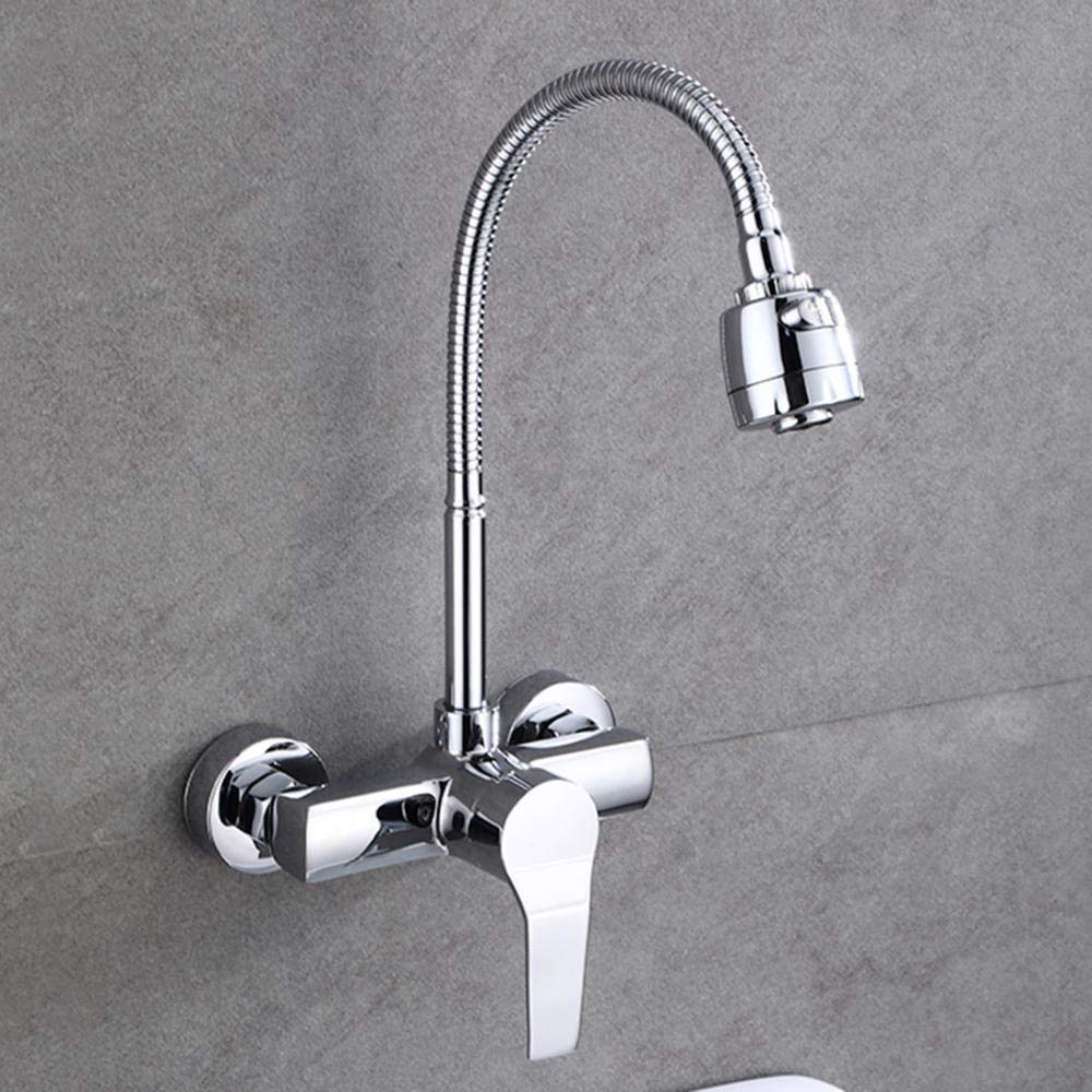 ZPSPZ wall mount faucet Kitchen wall-mounted hot and cold water faucet, brass, valve body, spring universal swivel, sink basin laundry pool faucet-[Universal] switch down