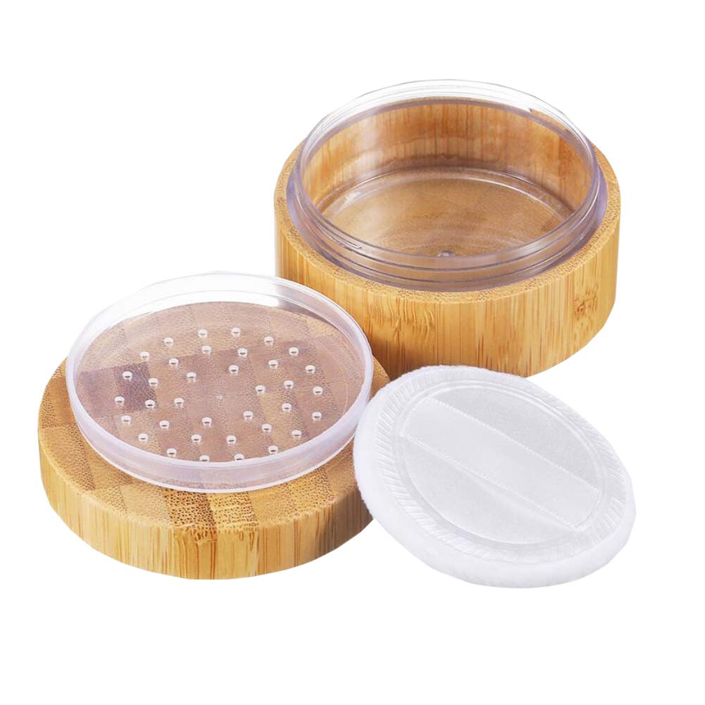 1 Pcs 30ml Empty Bamboo Loose Powder Container Make-up Loose Powder Box Case Container Holder with Sifter Lids and Powder Puff