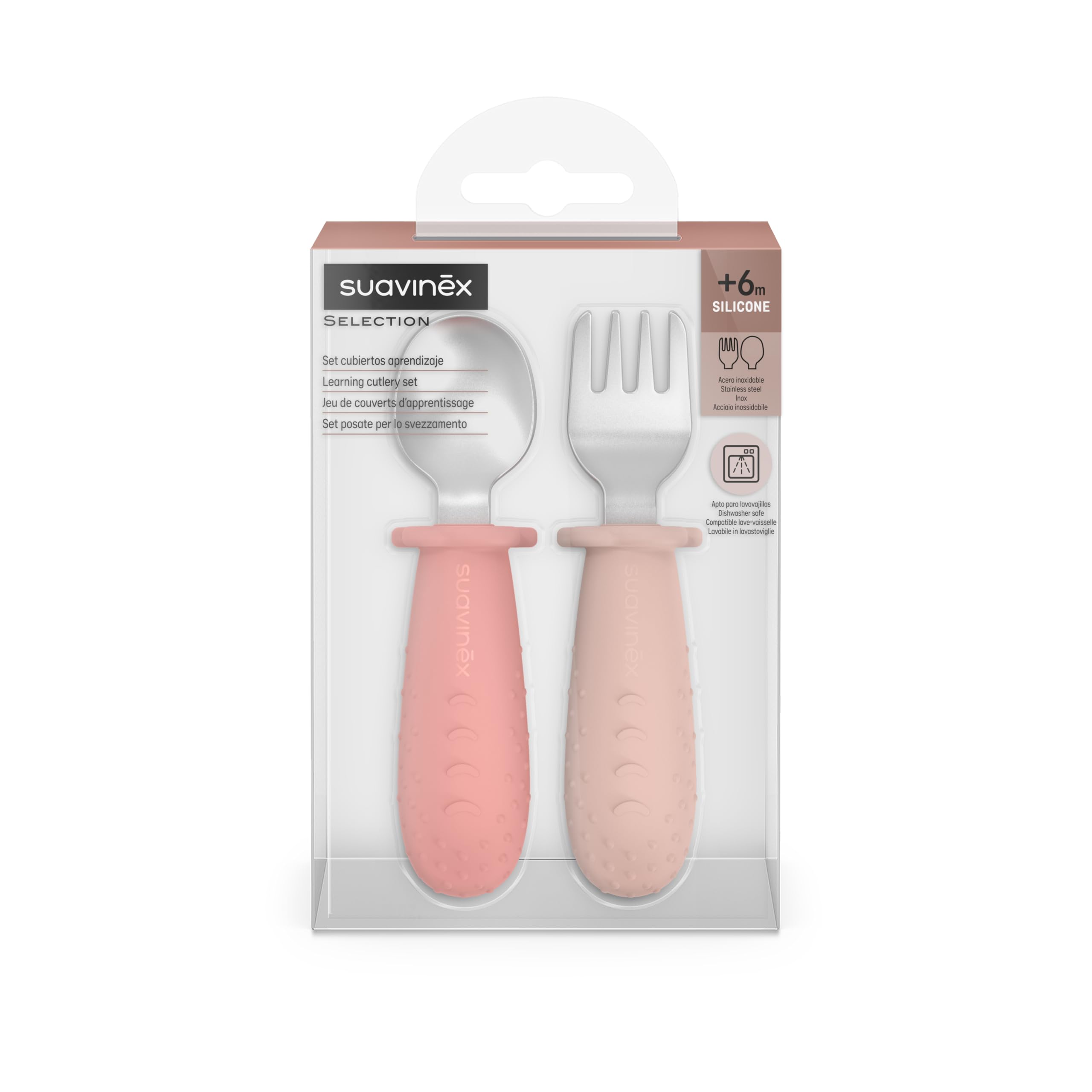 Suavinex, Sztućce do nauki dzieci, łyżka i widelec ze stali nierdzewnej, antypoślizgowy silikonowy uchwyt, ergonomiczny, BLW, i +6 miesięcy, można myć w zmywarce, różowy