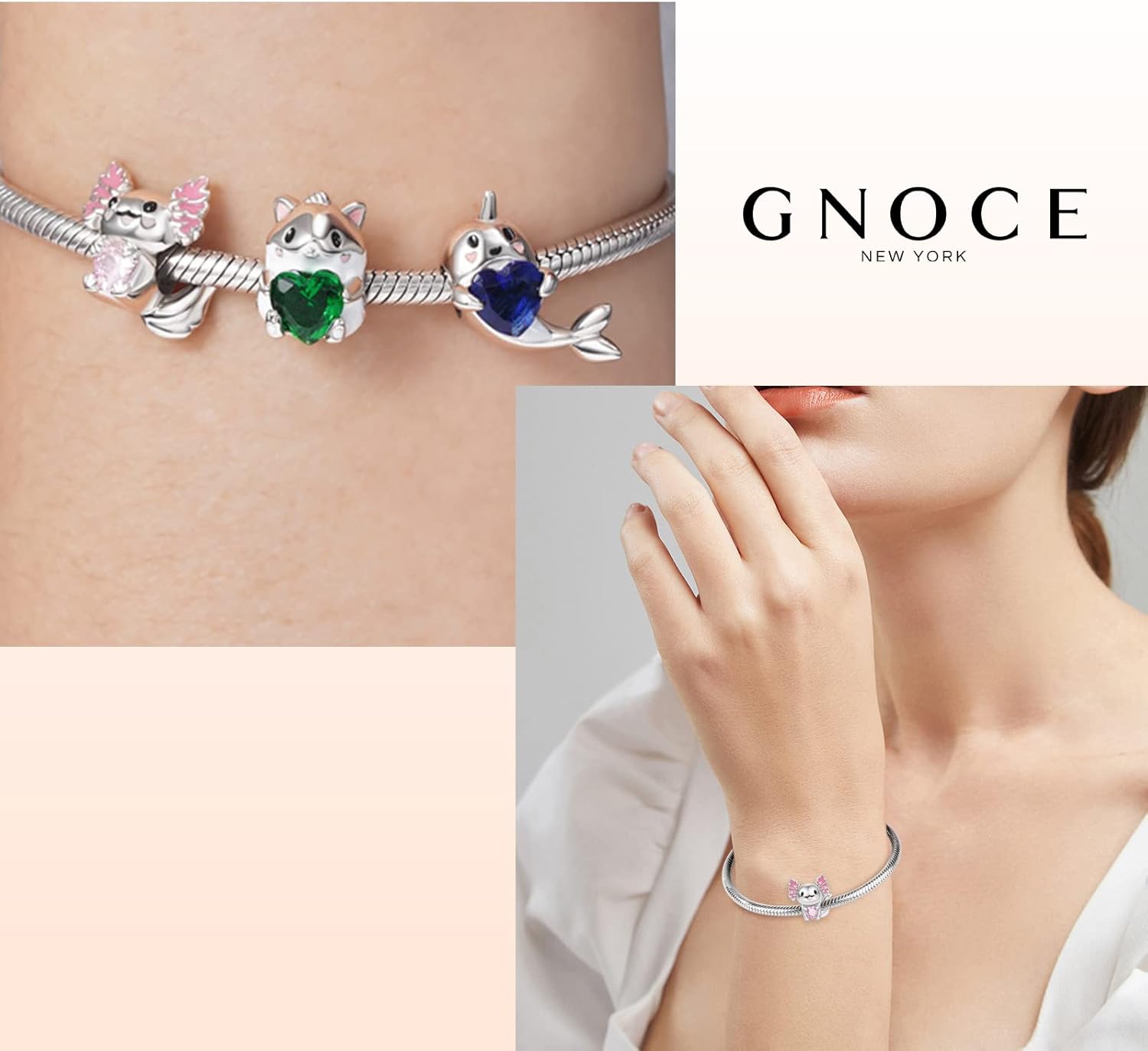 GNOCE Axolotl Embraces Heart Gemstone Charms Bead Sterling Silver Charm For Bracelets/Necklace Jewelry Gift For Women Wife Fit Snake Chain (Axolotl Embraces) - Image 5