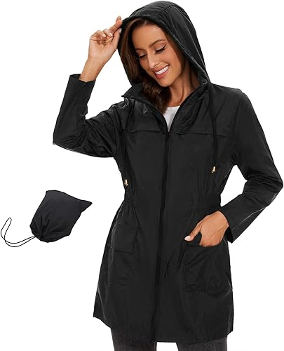 Century Star Chaquetas de lluvia plegables impermeables para mujer con capucha, chaqueta cortavientos ligera