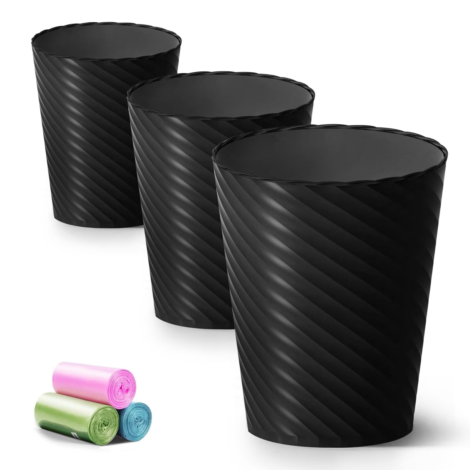 Paquete de 3 botes de basura pequeños de 1.8 galones con bolsas de basura, cubos de basura de plástico, cestas redondas para baño, dormitorio, oficina, cocina, espacio compacto (negro)