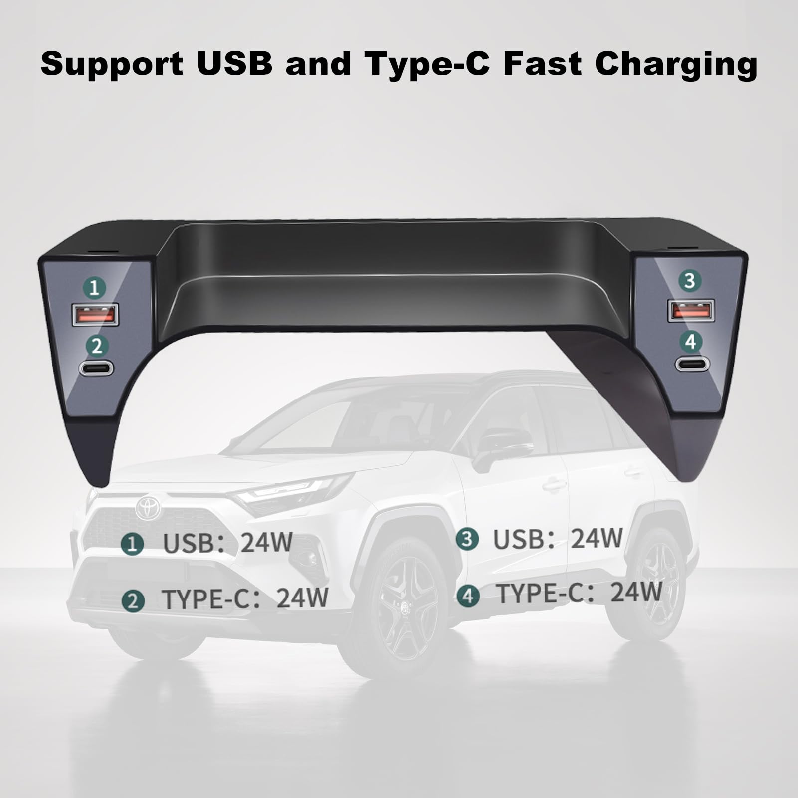 Cargador de coche USB para Toyota RAV4/WILDLANDER 2020-2024, compatible con USB y puerto C Typc 24W, cargador rápido de consola central multipuerto para teléfono celular