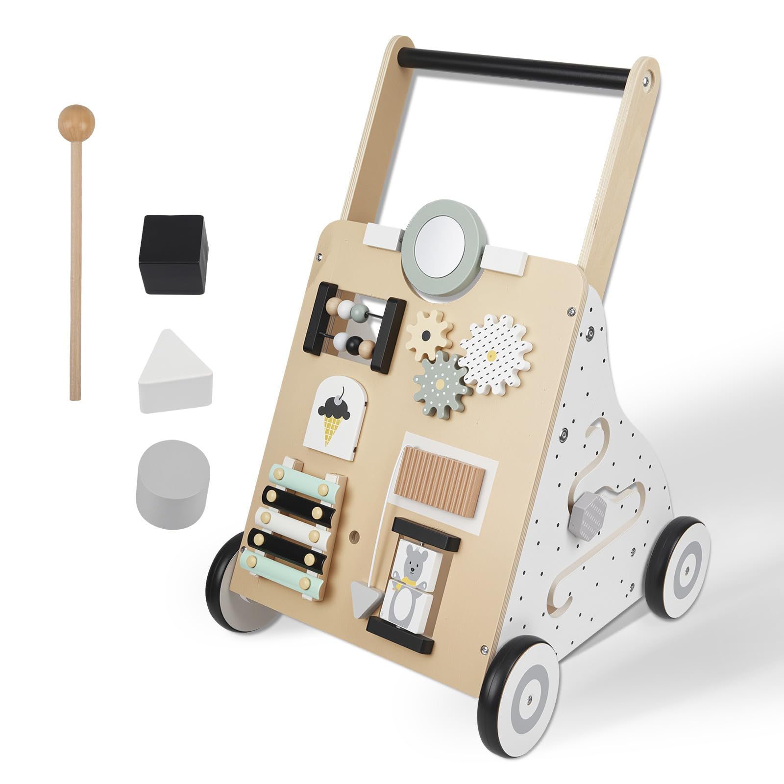 Montessori - Passeggino per bambini in legno, con Activity Center e ruote gommate, stabile aiuto per bambini piccoli, giocattolo in legno per bambini a partire da 1 anno, regalo per ragazzi e ragazze