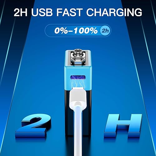 Miniatura 3 de Kratax Baterías de litio recargables USB de 9 V, paquete de 2 baterías de iones de litio de alta calidad de 760 mA6840 mWh, 9 voltios, 6F22 con