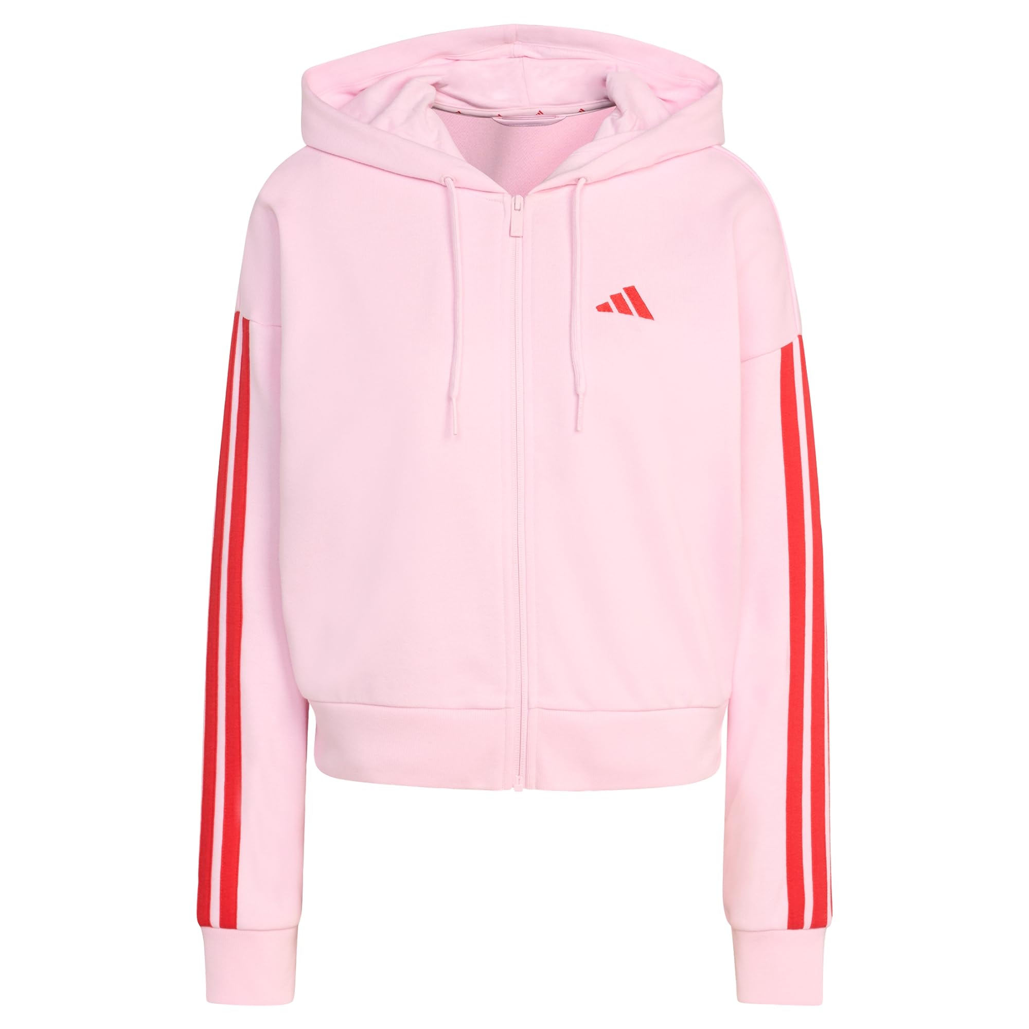 adidas Women's ESSENTIALS 3-STRIPES FRENCH TERRY FULL ZIP HOODIE, clear pink/pure ruby, XS