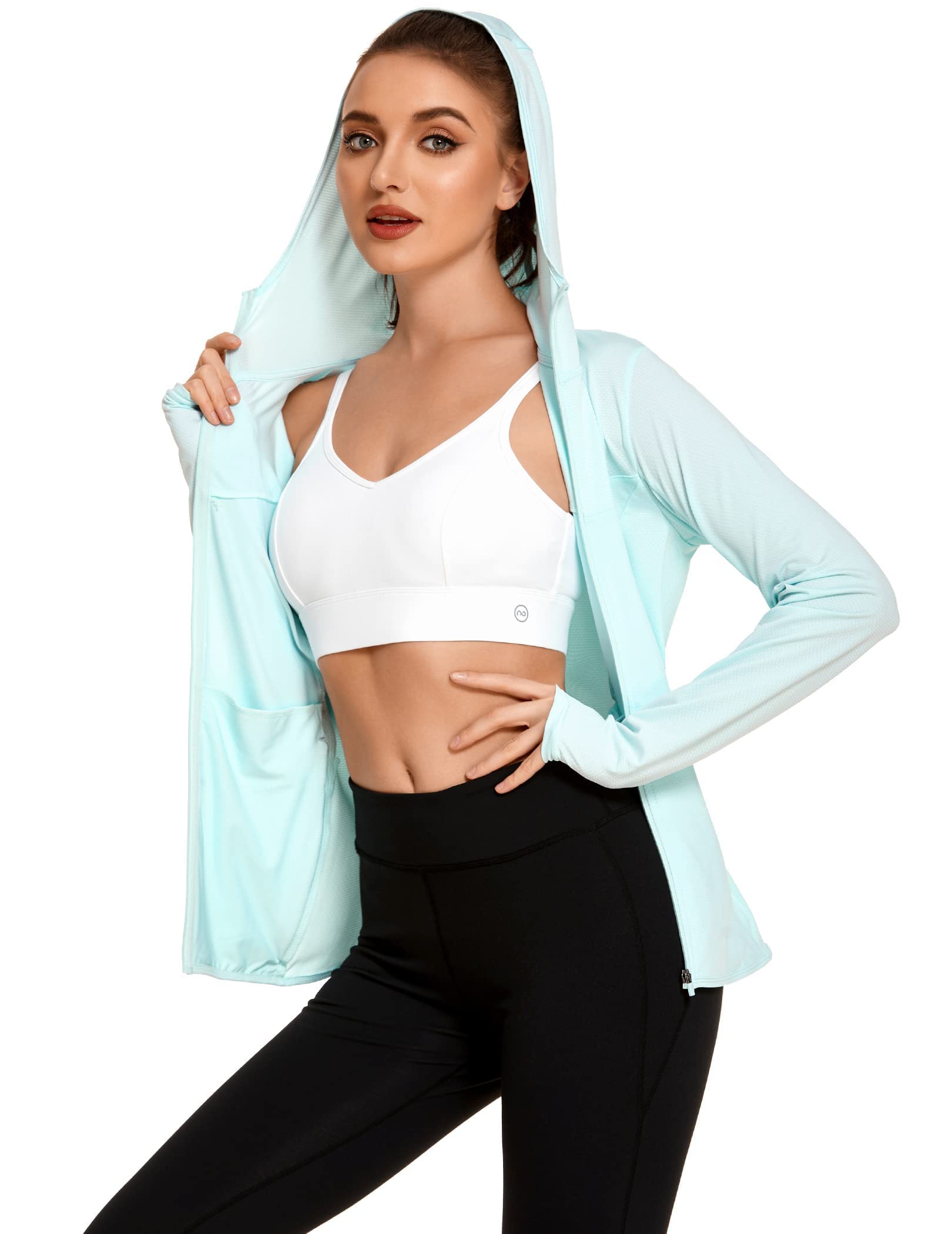 COOrun Women's UPF 50+ Sun Protection Hoodie Jacket Lightweight Full Zip Running Jacket Athletic Jacket with Thumb Holes