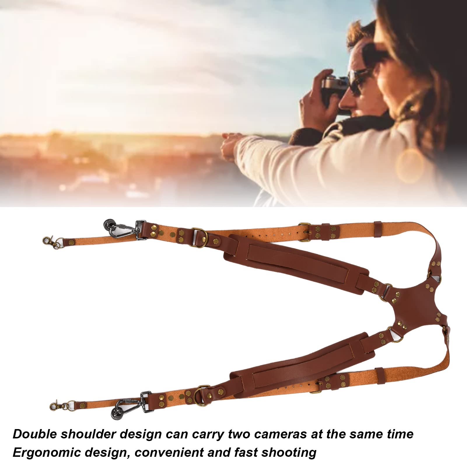 Imbracatura in pelle a doppia tracolla per fotocamera, cinghia per fotocamera multifunzionale regolabile per reflex, design ergonomico a doppia cinghia con attacco a vite da 1/4"