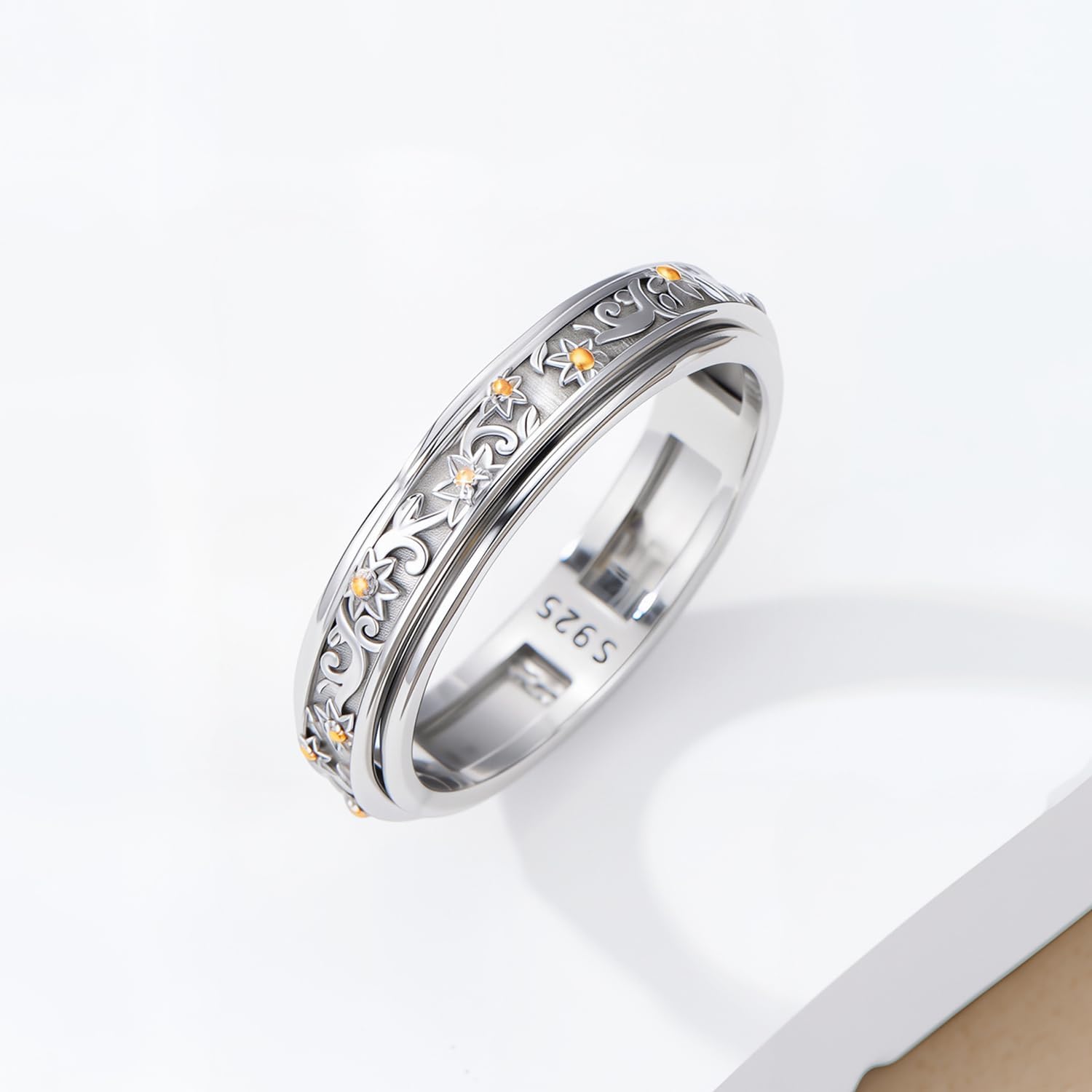 Sunflower Spinner Ring for Women 925 Sterling Silver Anxiety Rotatable Sunflower Ring for Gifts