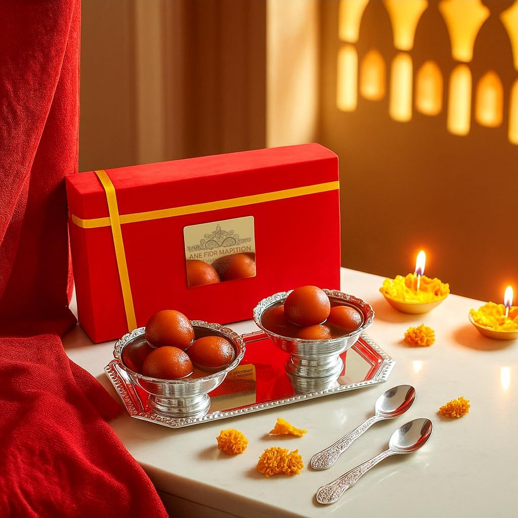 ndian Art Villa Silver-Plated Bowl Spoon Tray Set – 2 Bowls, 2 Spoons & 1 Tray in Red Velvet Box – Elegant Decorative Set for Wedding, Diwali, Christmas, New Year, Home Use & Special Occasions