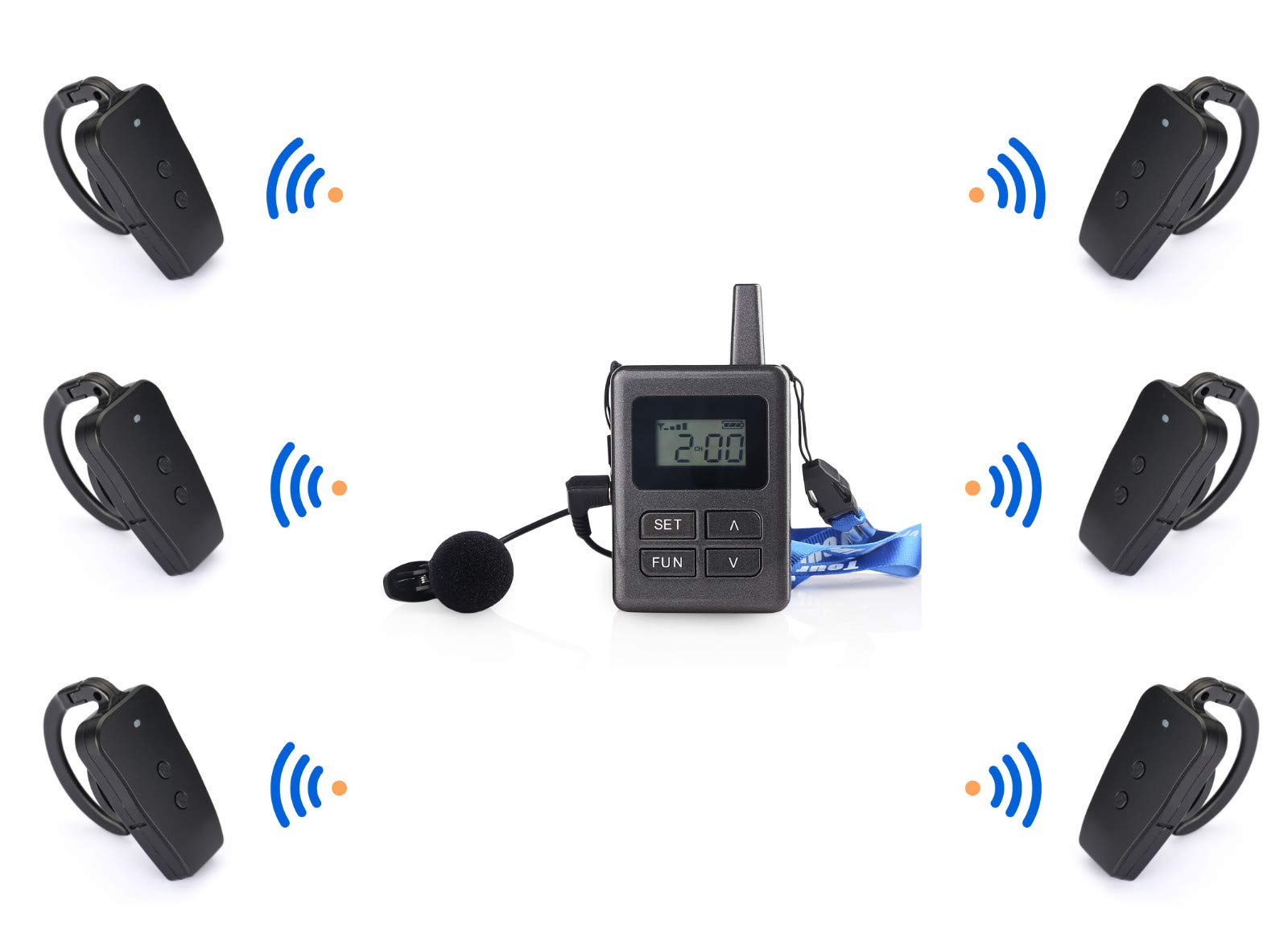 Sistema de guía de viaje inalámbrico con alta calidad de audio inalámbrico Tour Guide (2 emisoras + 30 receptores).