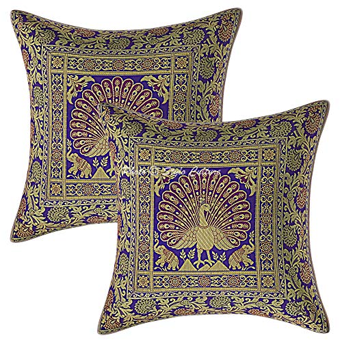 Image of Decorative Brocade Cushion Covers 16x16 Inch Banarasi Jacquard Weave Purple & Gold Living Room Decor Peacock Festive Decor Square 40x40 cm Zippered Sofa Settee Pillowcases -Set of 2 Pcs