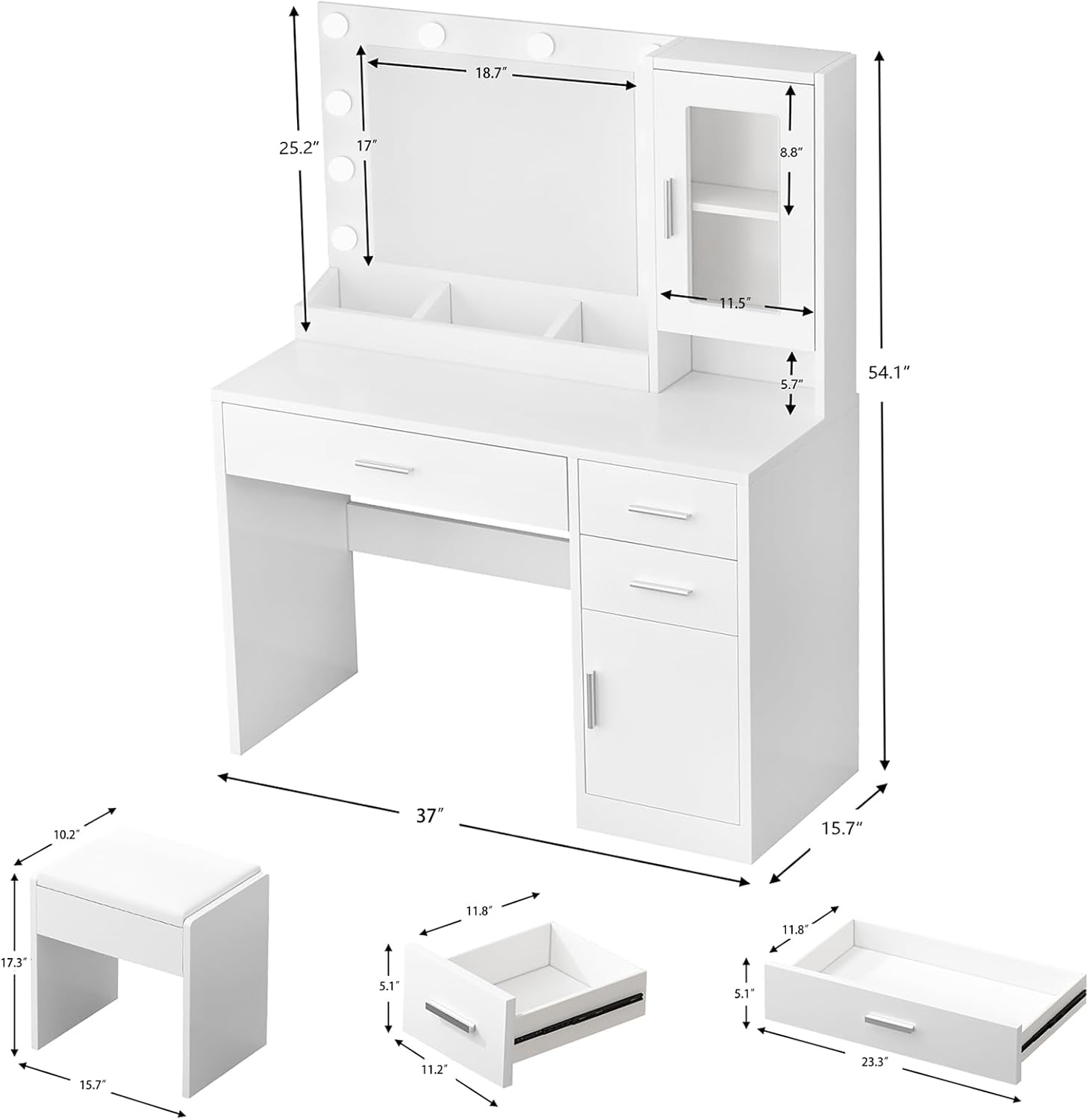 Makeup Vanity Desk Set with LED Lights Mirror Chair, Vanity Table with 7 Storage Shelves and 3 Drawers,3 Lighting Modes Adjustable Brightness Dressing Table for Bedroom,White