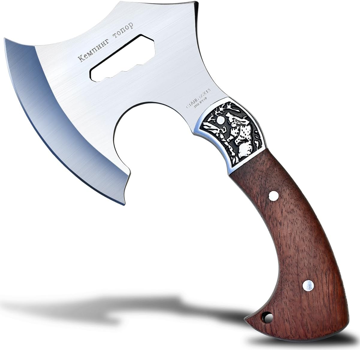 Camping Hatchet Overall 8.5in w/4in Blade, Compact Camp Axe Stainless Steel Blade and Comfortable Wooden Grip, Outdoor Hunting Survival Hiking Tactical Axe Tomahawk, Sheath Included