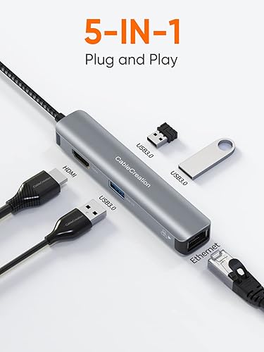Miniatura 2 de Adaptador multipuerto USB C, adaptador USB C 5 en 1, carcasa de aluminio con HDMI 4K, Ethernet de 1 Gbps, 3 puertos USB 3.0 para MacBook ProAir