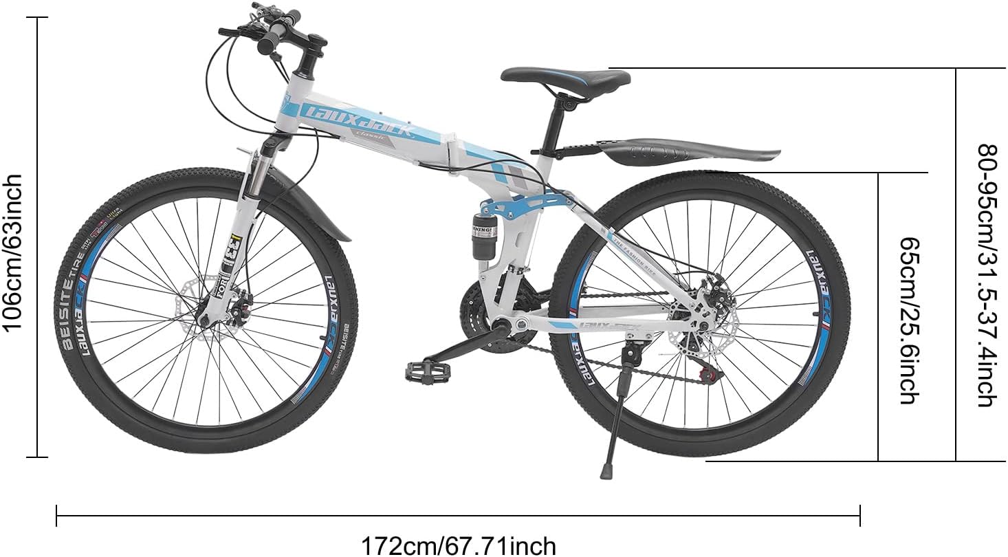 26 Inch Folding Mountain Bike, 21 Speed Full Suspension High-Carbon Steel MTB Foldable Bicycle, Dual Disc Brake Non-Slip Folding Bikes, Mountain Bicycle for Adults/Men/Women