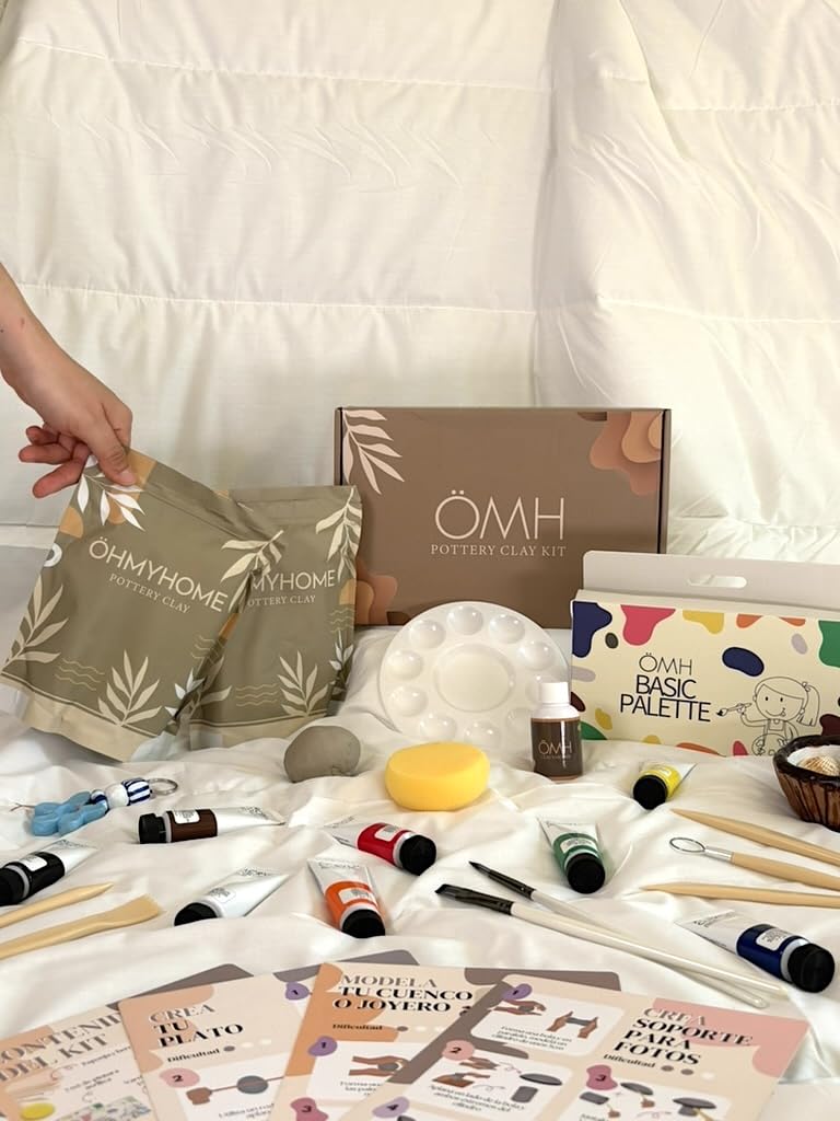 ÖHMYHOME Kit argilla essiccazione all'aria. Set di artigianato ecologico in argilla. Include vernice lucida, vernici pastello, strumenti, pennelli, spugna e manuale in spagnolo e inglese (Premium)