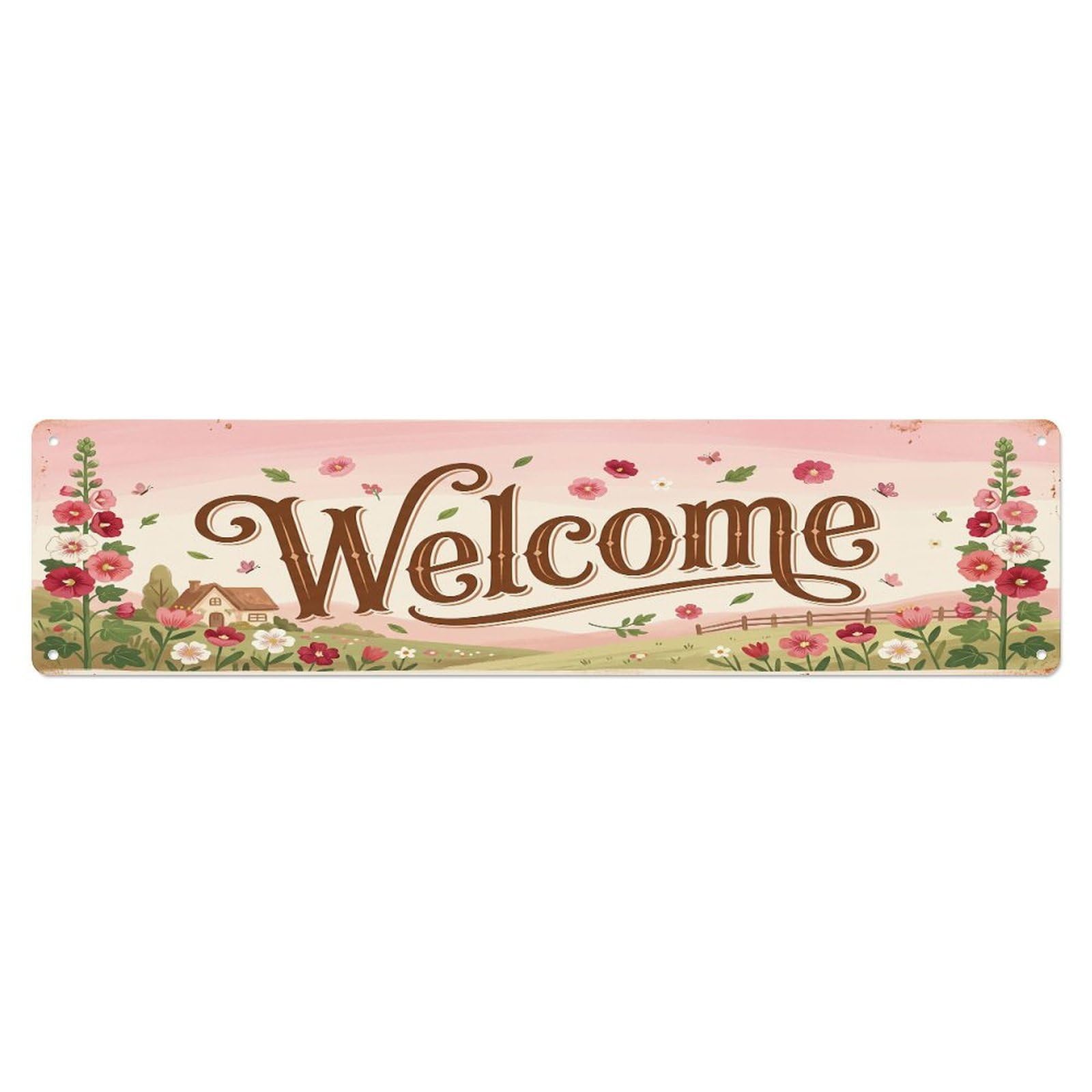 Vintage Welcome Hollyhock Cottage Metal Tin Sign