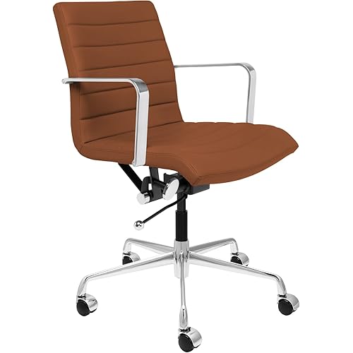 Laura Davidson Furniture SOHO II Ribbed Office Chair - Mid Back Desk Chair, Ergonomically Designed with Arm Rest & Swivel, Made of Faux Leather, Brown, Computer Chair