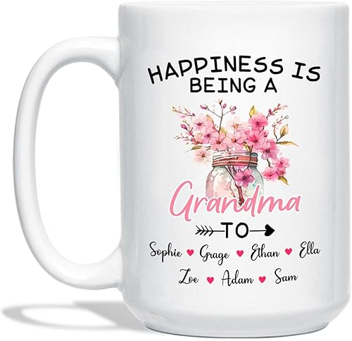 Taza de café con texto en inglés Happiness Is Being A Grandone, taza de viaje floral personalizada, regalos para abuela, abuela, nana de nietos,