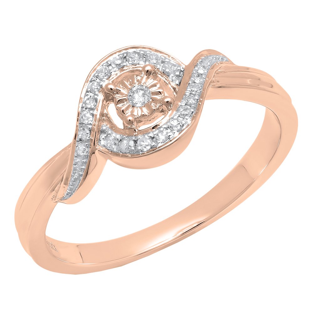 Valentine's Day Gift 0.10 Ctw 10K Real Solid Gold Round White Natural Diamond Women Swirl Promise Engagement Ring 1/10 CT