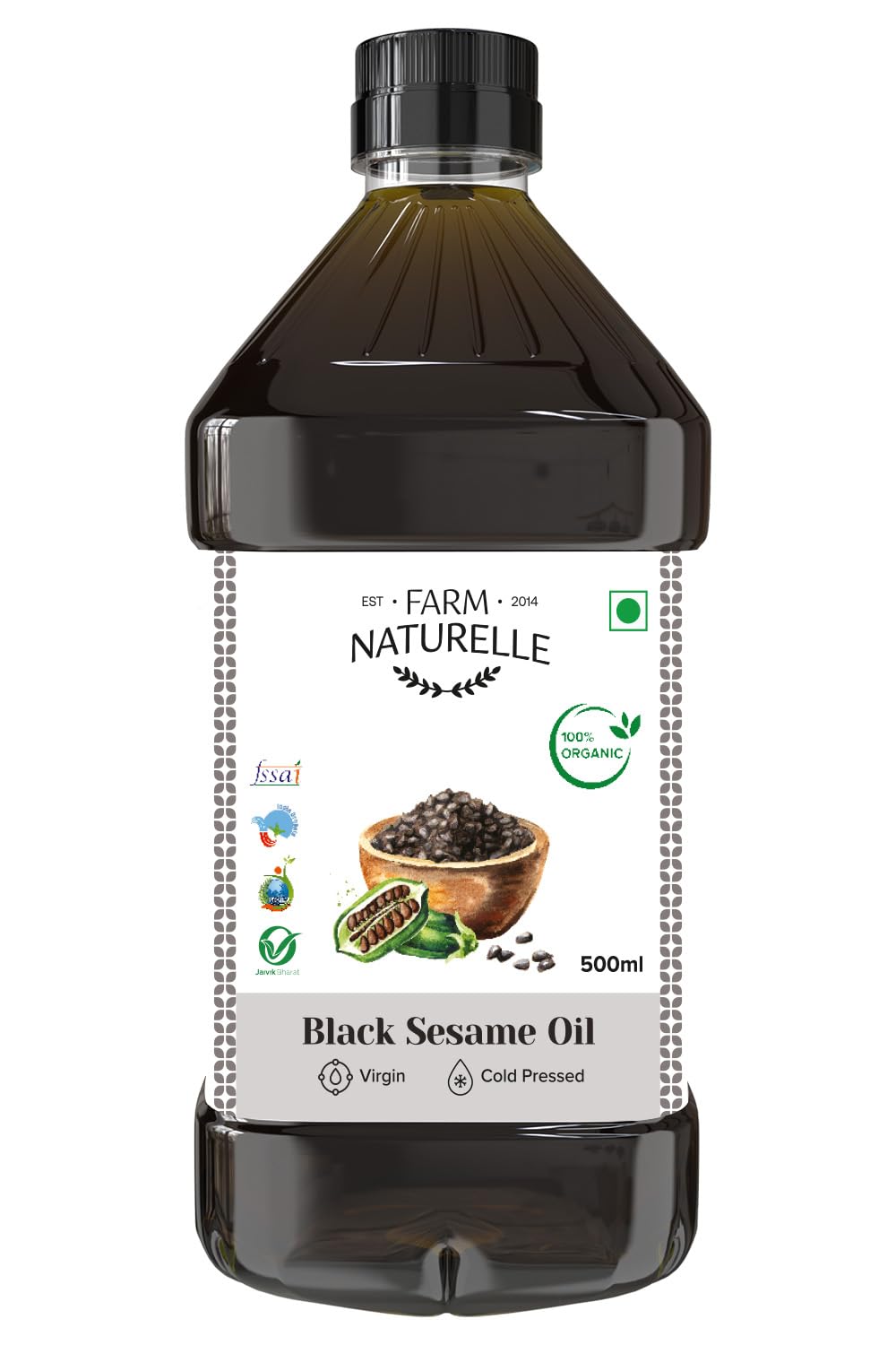 Farm Naturelle 100% Pure & Unrefined Cold Pressed Black Sesame (Gingelly) Oil – 500ml | Kolhu/Kacchi Ghani/Chekku | Natural Daily Cooking Oil | Chemical-Free | Rich Aroma & Flavour