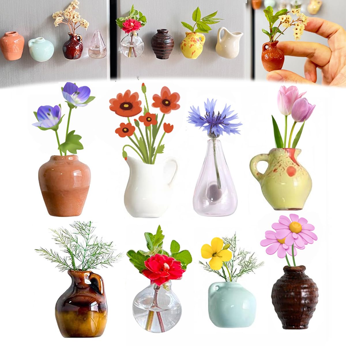 8 peças de mini ímãs de vaso, mini vasos de cerâmica ímãs de